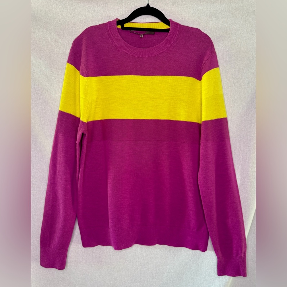 Mr. Turk Men's Crewneck Sweater Vibrant Magenta with Chartreuse Stripe Size M